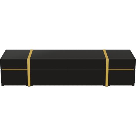 Meuble de salon luxueux pour la télévision : meuble de rangement pour la télévision, finition en matériau brillant, bords dorés. Il est équipé de tiroirs et de portes.