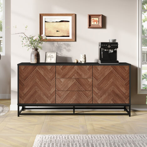 Meuble de salon moderne 145x40x67cm avec 3 tiroirs,2 portes et cadre en métal,buffet noir et bois,séparateurs ajustables.