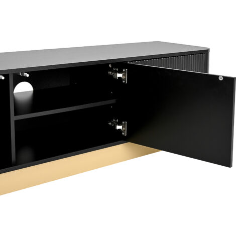 Meuble de salon moderne avec espace de rangement. Design arrondi, système de gestion des câbles. Panneau en texture. Console multimédia pour le salon.
