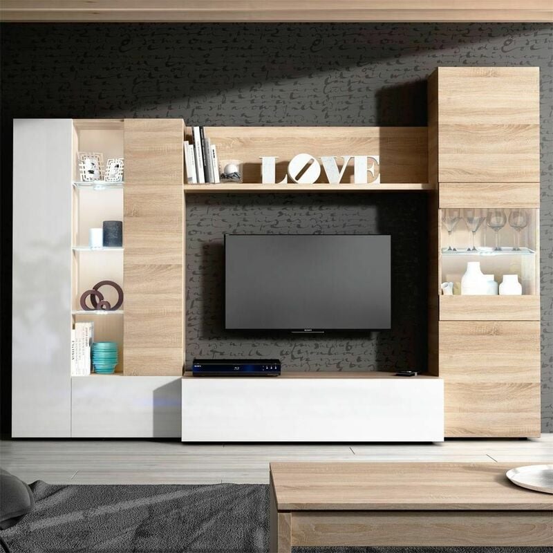 Mobilier essentiel de salon-salle à manger lumineux 260 cm (largeur) x 185 cm (hauteur) x 42 cm (profondeur) - Chêne canadien - Blanc brillant