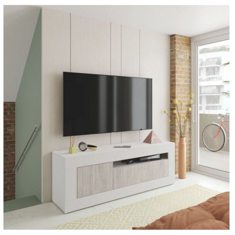 Meuble tv 139x42x53 cm blanc mat et blanc antique avec deux portes et une étagère - Milano
