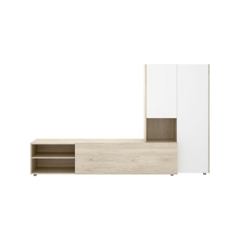 Meuble de salon TV compact - KEI - 3 portes - Chene clair / Blanc - 227 x 40 x 141 cm