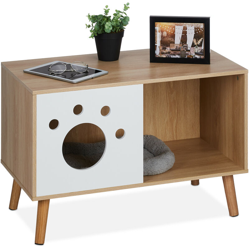 Meuble de toilette à porte pour chat, HxLxP: 50x75x40 cm, cache-litière, couchage, intérieur, nature - blanc - Relaxdays