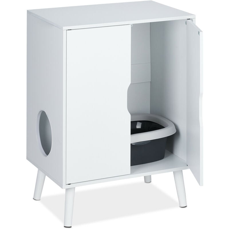Meuble de toilette pour chat, 2 portes, cache-litière, entrée, petite armoire, HxLxP : 77x58x40 cm, blanc - Relaxdays