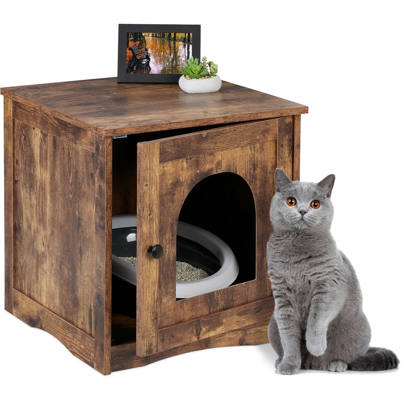 Meuble de toilette pour chat, porte & ouverture, design industriel, HxLxP: 50x48x50 cm, cache-litière, marron - Relaxdays