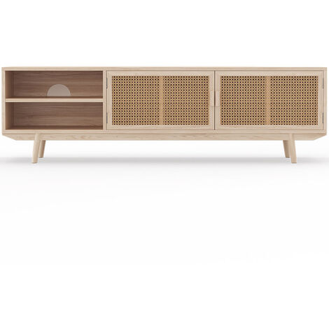 Meuble de TV Grand buffet Cannage en bois naturel, style Boho Bali - Treys Naturel - Rotin, Bois de paulownia - Naturel