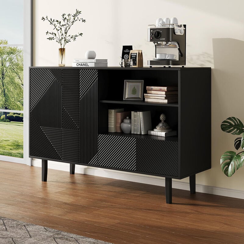 Meuble déco noir mat à motifs géométriques – 2 portes + 1 tiroir – Parfait pour entrée ou salon