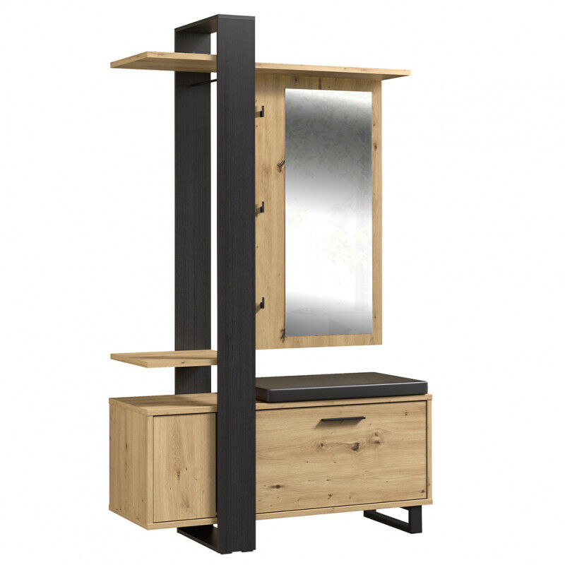 Meubletmoi - Meuble d'entrée avec rangements et miroir décor bois et noir - kube
