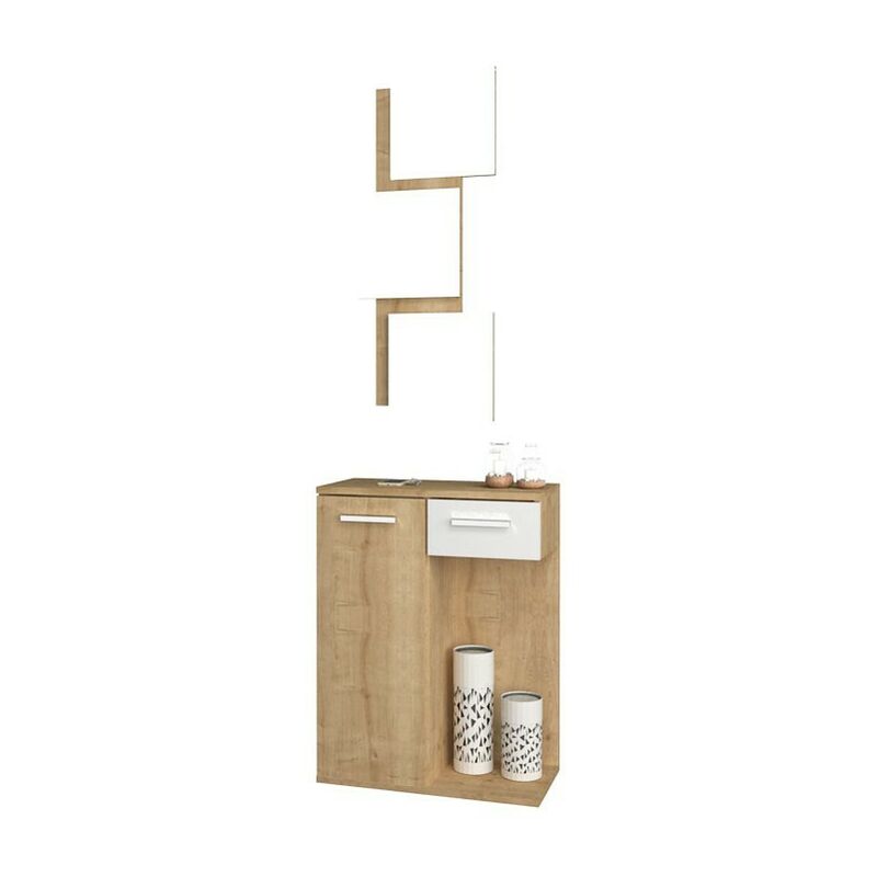 Meuble d'entrée avec miroir 1 porte 1 tiroir chêne blanc 60x35xh.186 cm