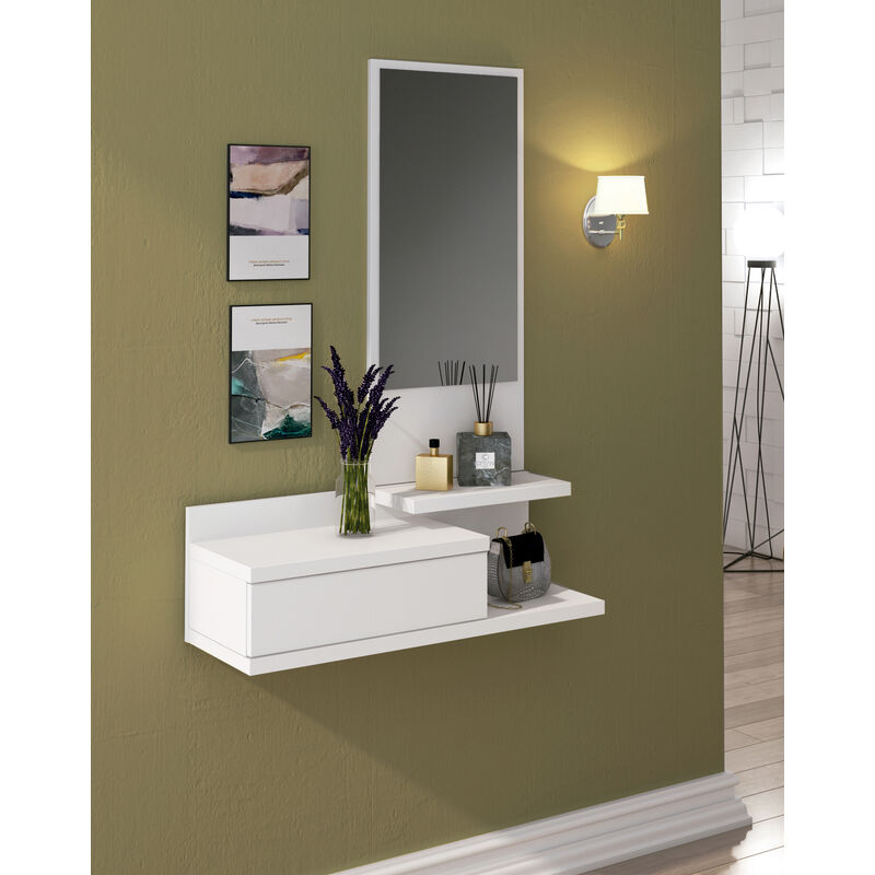 Meuble d'entrée avec miroir coloris blanc - Longueur 81 x profondeur 29 x hauteur 116 cm -PEGANE-