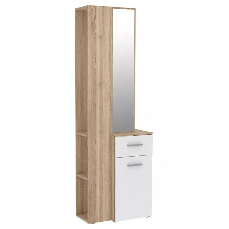 Meubletmoi - Meuble d'entrée avec miroir et rangements décor bois et blanc - nina