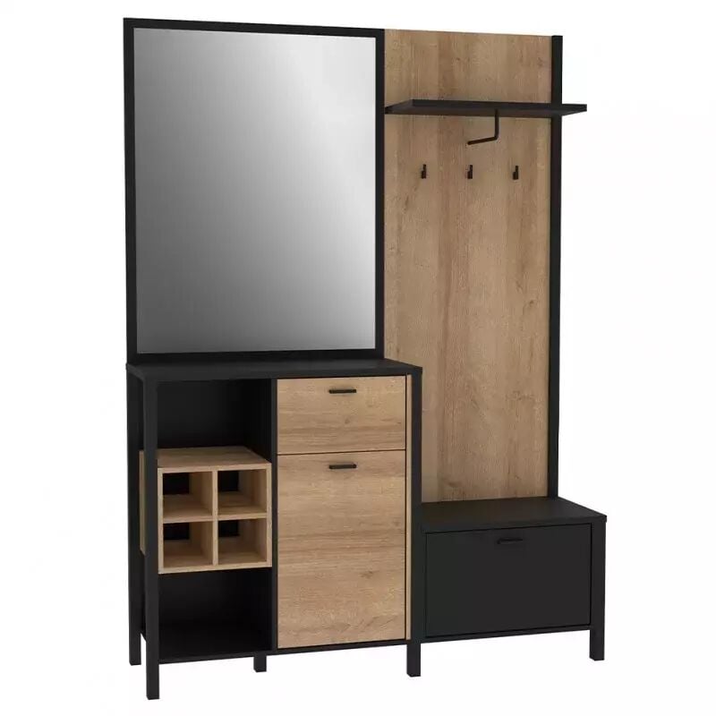 Meubletmoi - Meuble d'entrée avec miroir et rangements décor bois et noir - mode