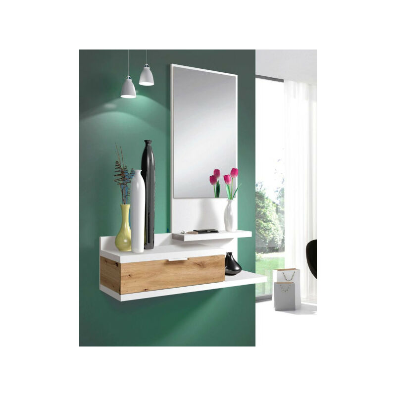 Meuble d'entrée + miroir Blanc/Chêne - IROLA - L 81 x l 29 x H 116 cm