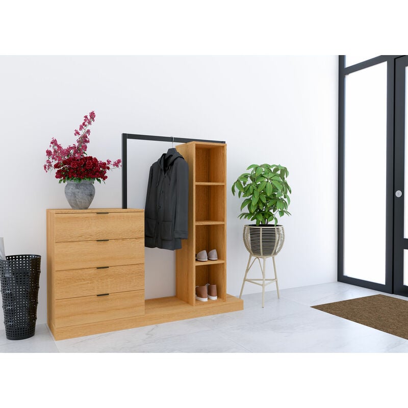 meuble d'entrée portant 4 tiroirs 3 étagères en bois et métal glenn - bois noir
