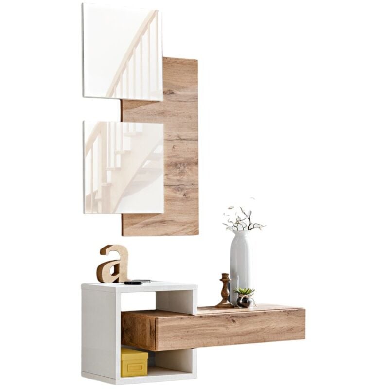 Meublorama - Meuble d'entrée torth 2 – Ensemble complet – Coloris chêne et blanc – Design moderne et pratique