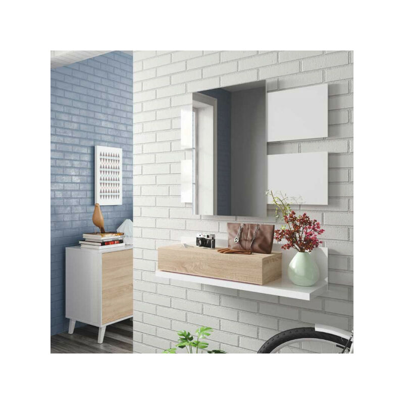 TMM - Meuble d'entrée suspendu + miroir Blanc/Chêne tekana - l 75 x l 29 x h 20 cm