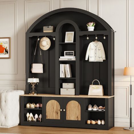 Meuble d'entrée 195 cm, Armoire Moderne avec Éclairage LED - Idéale pour l‘entrée, avec étagères chaussures, tablettes et crochets, grand rangement - Noir