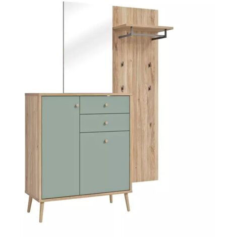 Meuble d’entrée 195 cm décor bois chêne et vert sauge – 2 tiroirs et 3 tablettes – Miroir et crochets inclus – Pour rangement pratique – Meubletmoi