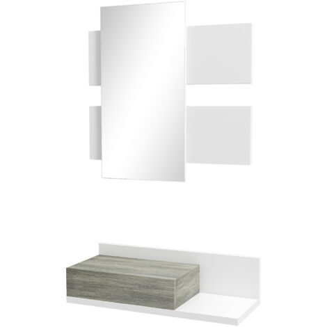 Meuble d'entrée 2 en 1 avec miroir mural 75 x 3,5 x 75 cm et tiroir 75 x 30,5 x 20 cm, gris et blanc