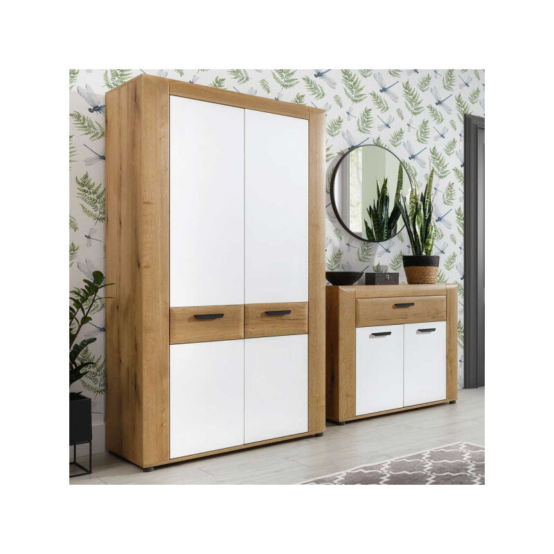 Meuble d'entrée 2 portes 1 tiroir Blanc/Bois clair - ABOKI - L 99 x l 40 x H 87.5 cm