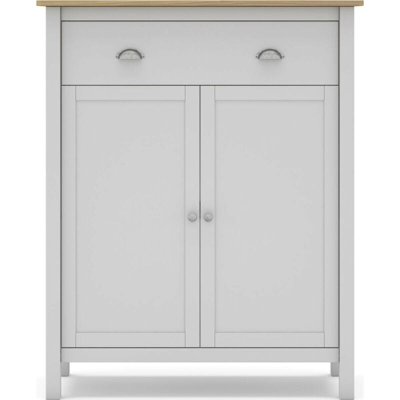 Meuble d'entrée 2 portes 1 tiroir en pin massif blanc / effet chêne 90 cm - Macha