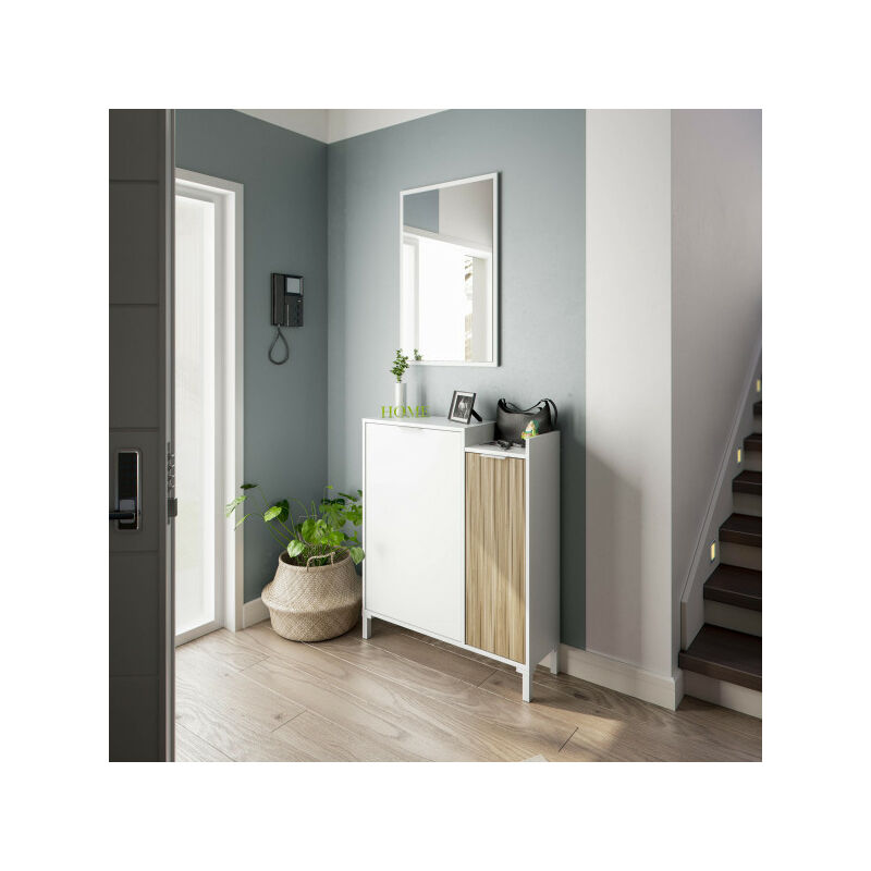 TMM - Meuble d'entrée 2 portes battantes + miroir Blanc/Bois clair - yana - l 77 x l 24 x h 91 cm