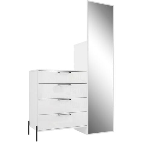Meuble d'entrée 4 tiroirs 1 miroir 1 penderie décor blanc laqué - JOSH