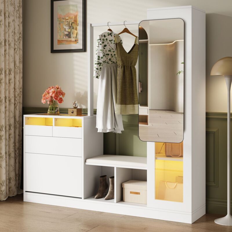 Nmonet - Meuble d'entrée 6 en 1 avec miroir rotatif, 3 tiroirs, meuble à chaussures, banc à chaussures, éclairage led multicolore et penderie