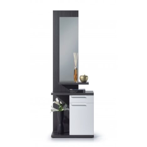 Meuble d'entrée 61x186H Blanc brillant et gris cendré avec miroir Blanc brillant et gris cendré