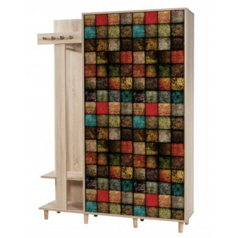 Meuble d’entrée avec armoire et porte manteaux bois clair et damier multicolors Kiza 723