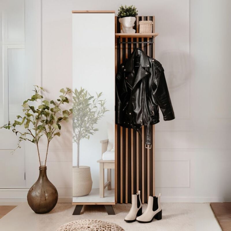 Toscohome - Meuble d'entrée avec façade nervurée et porte pleine en chêne et anthracite 80x190H cm - Medan4