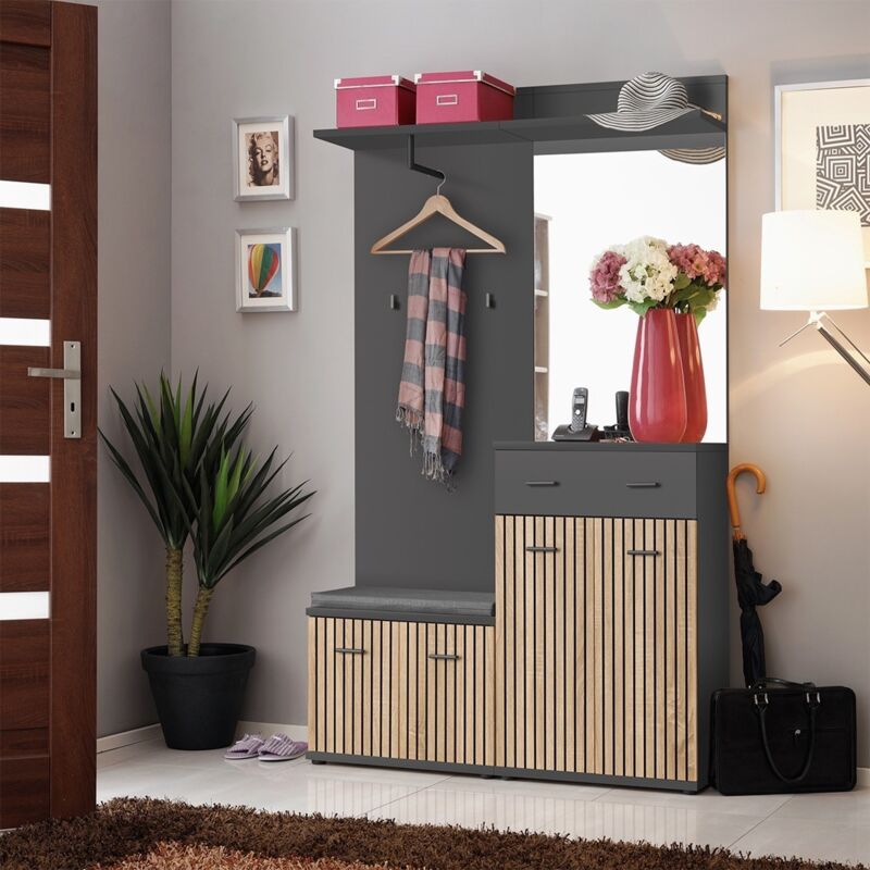 Meublorama - Meuble d'entrée polo – Meuble à chaussures, commode, miroir et penderie