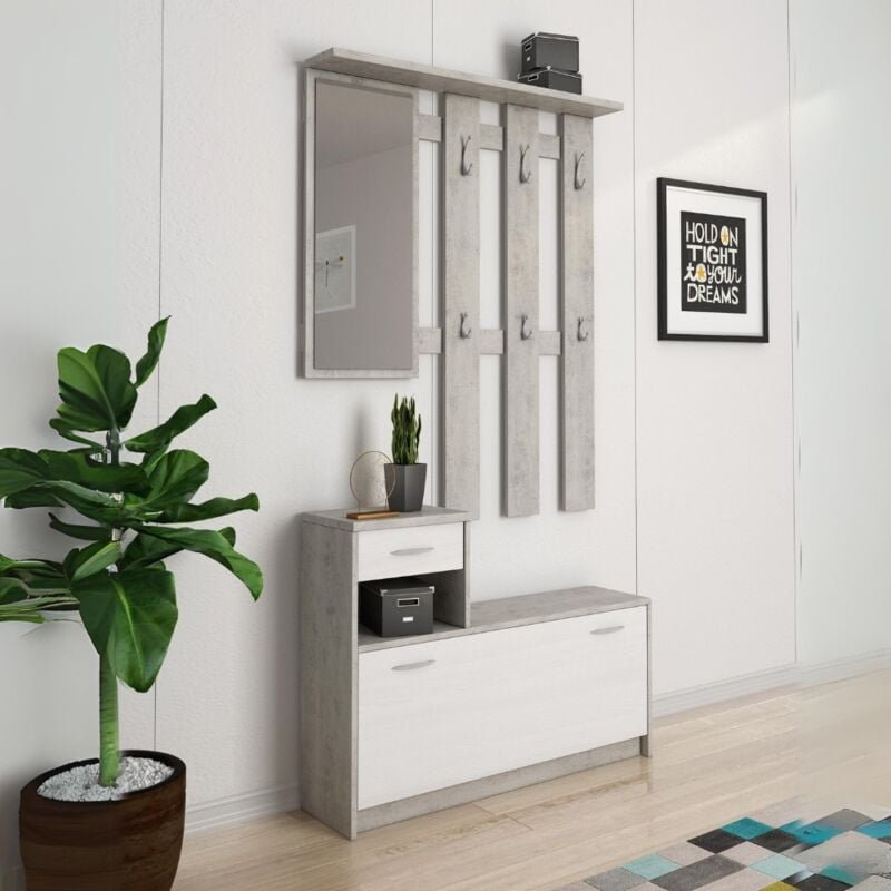 Toscohome - Meuble d'entrée avec meuble à chaussures en ciment et blanc - Rudolf