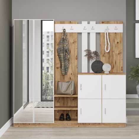 Meuble d'entrée avec miroir Ascelina L187,2xH180cm Bois foncé et Blanc