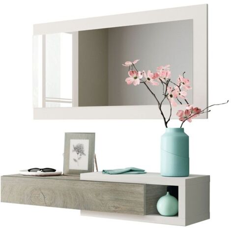 Meuble d'entrée avec miroir blanc brillant - bois