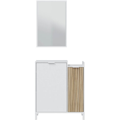 Meuble d'entrée avec miroir – Dimensions 77x91x24 cm – Finition Artik blanc – Panneaux de particules E1 certifiés PEFC – Fores