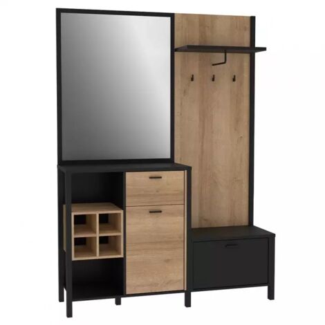 Meuble d'entrée avec miroir et rangements décor bois et noir - MODE