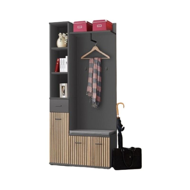 Meublorama - Meuble d'entrée polo – Rangements et penderie en gris et chêne
