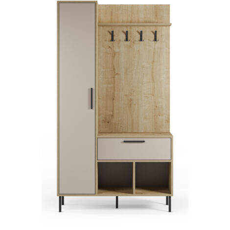 Meuble d'entrée avec porte-manteau aspect bois coloris crème et chêne, pieds en métal noir - Longueur 108 x Profondeur 35 x Hauteur 195,3 cm