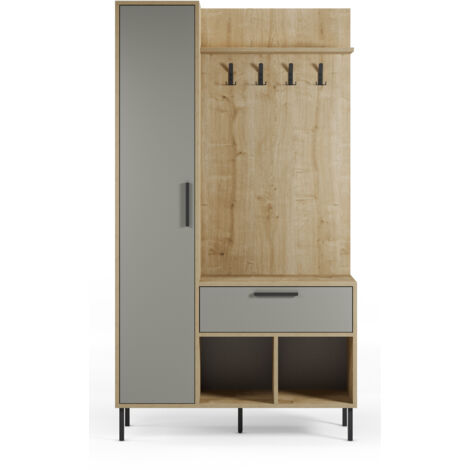 Meuble d'entrée avec porte-manteau aspect bois coloris vert et chêne, pieds en métal noir - Longueur 108 x Profondeur 35 x Hauteur 195,3 cm