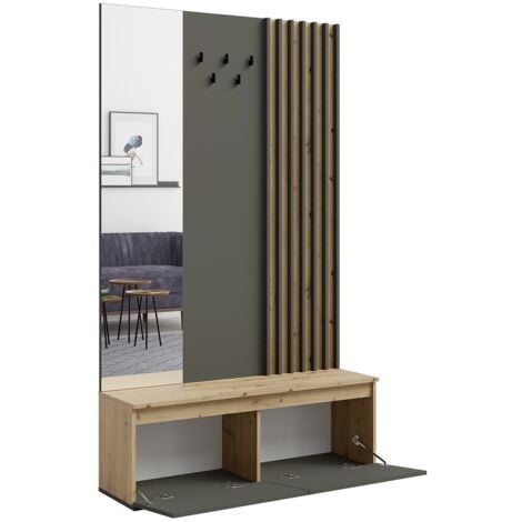 MEUBLORAMA Meuble d'entrée avec porte-manteau et miroir 120 cm - chêne clair et gris anthracite - Collection NEMO