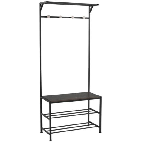 Meuble d'entrée banc + portemanteau bois et métal noir