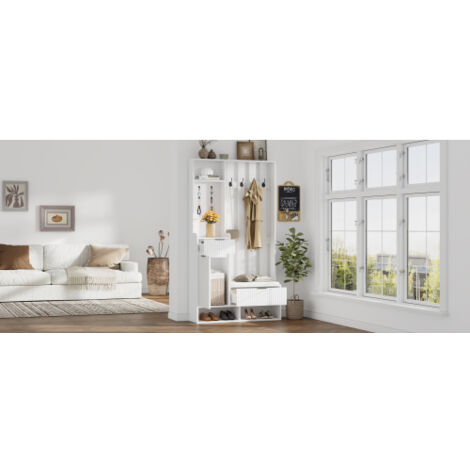Meuble d'entrée blanc avec espace de rangement sous l'assise, doté de 4 crochets de suspension et de 2 compartiments supérieurs pour un rangement ouvert – Porte-manteau, penderie et meuble à chaussure