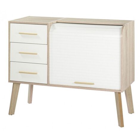 Meuble d'entrée chêne clair 3 tiroirs blanc 2 niches rideau blanc Happy 110cm