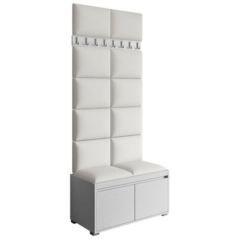 Meuble d'entrée Comfivo Pinus IV, Blanc + Soft 017, 207x85x34cm, Stratifié, Faux cuir, À poser, Murale