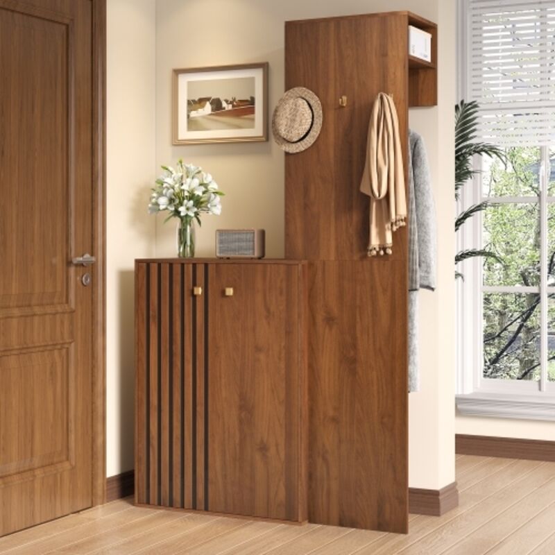 Meuble d'entrée compact noyer avec penderie et meuble à chaussures - Idéal pour petit espace, 115x38,5x191,5 cm