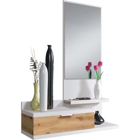 Meuble d'entrée Dalhia, 1 miroir, 1 tiroir, chêne Artik blanc et Nodi, style moderne, 116x81x29 cm