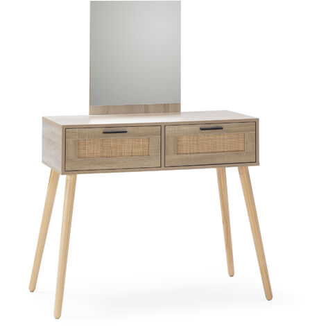 Meuble d'entrée Dalia 2 tiroirs + miroir, couleur chêne, 90 cm longueur