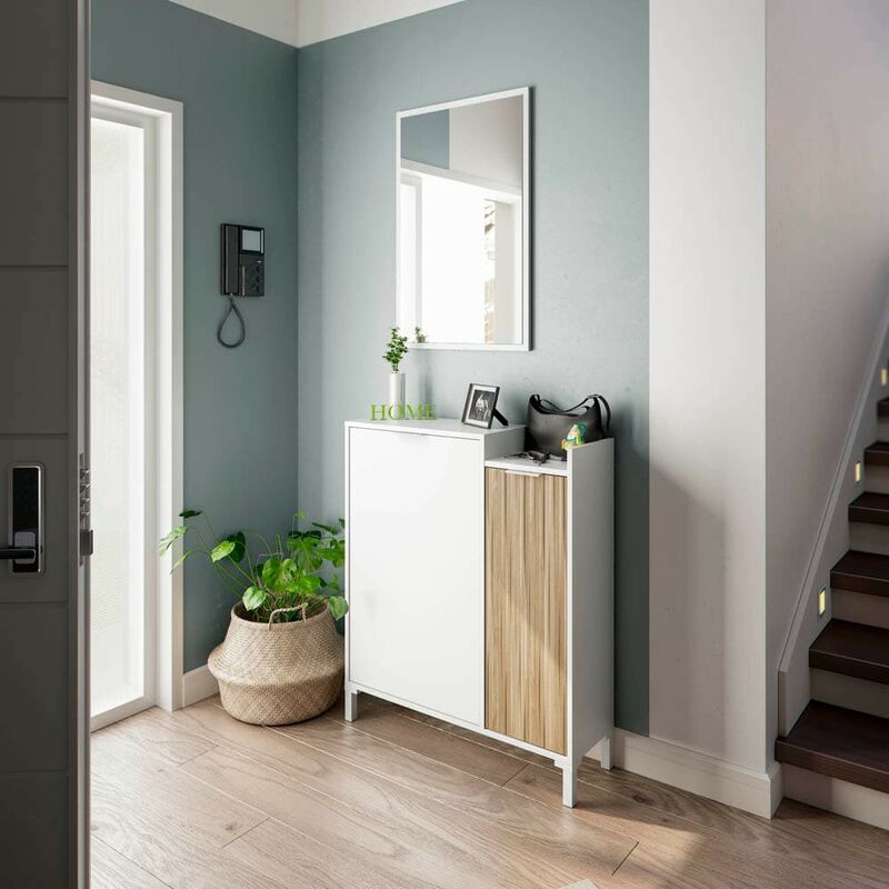 Meuble d'entrée d'entrée avec miroir Ethna 77 cm (largeur) x 91 cm (hauteur) x 24 cm (profondeur) - Artik Blanc - Nature