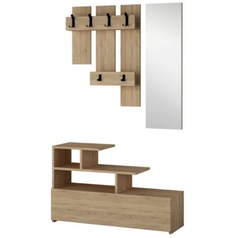 Meuble d'entrée en chêne avec étagère à chaussures et miroir Vesty 100x30xh.122 cm